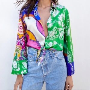 Zara NWT multi color paisley front tie blouse